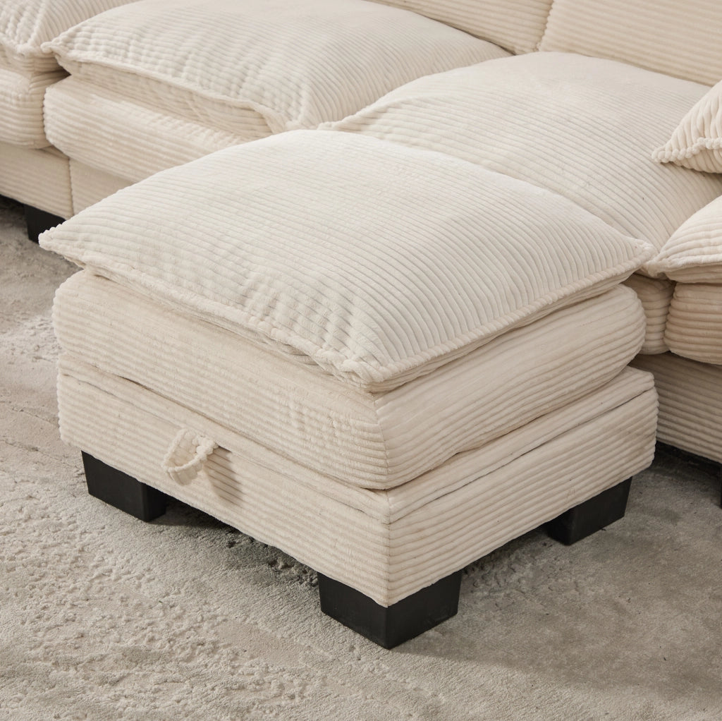 Divano modulare 3 posti beige in velluto a coste con 2 pouf, porta USB-C e comfort ergonomico