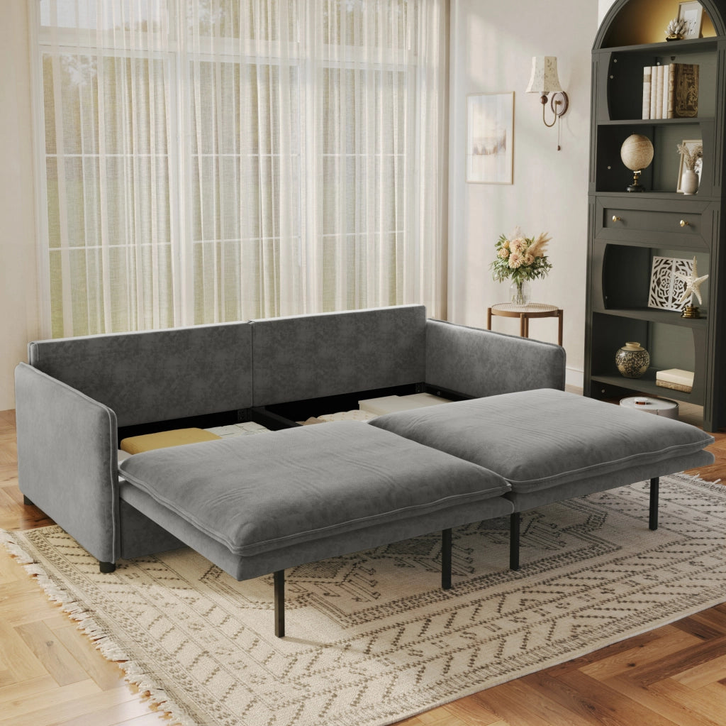 Divano letto 3 posti 206 cm in chenille con vano contenitore, schienale regolabile e cuscini bracciolo mobili, colore grigio chiaro