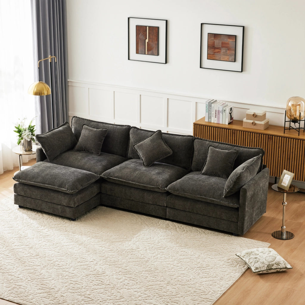 Divano angolare 3 sedili 283 x 147 x 84 cm; forma a L; poggiapiedi; tessuto ciniglia; grigio