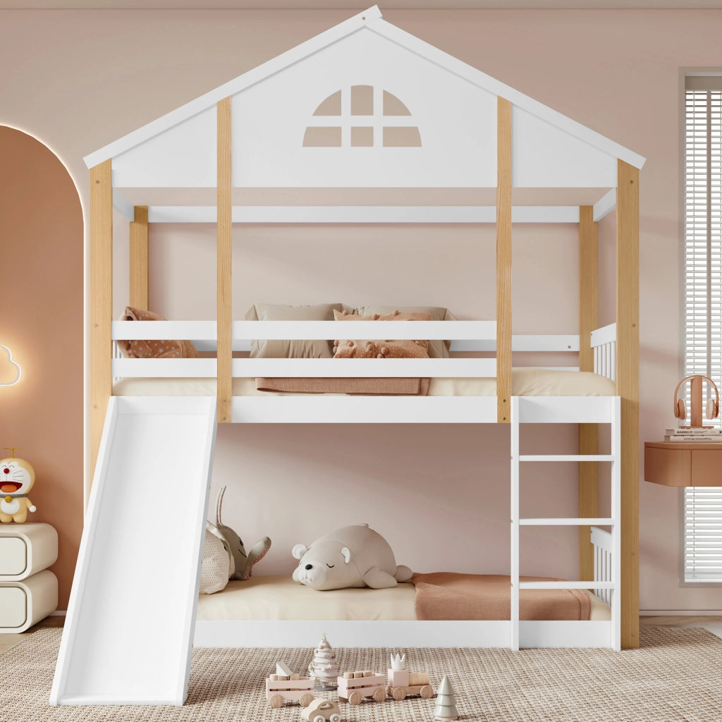 Letto a castello per bambini con scivolo 90x200 cm in pino massello e MDF; bianco e naturale per cameretta