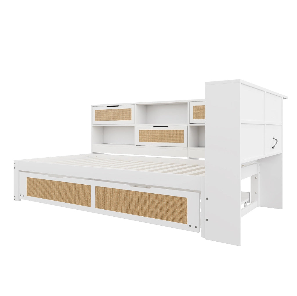 Divano letto singolo in legno bianco 90x200 cm con letto estraibile, ricarica USB e vani