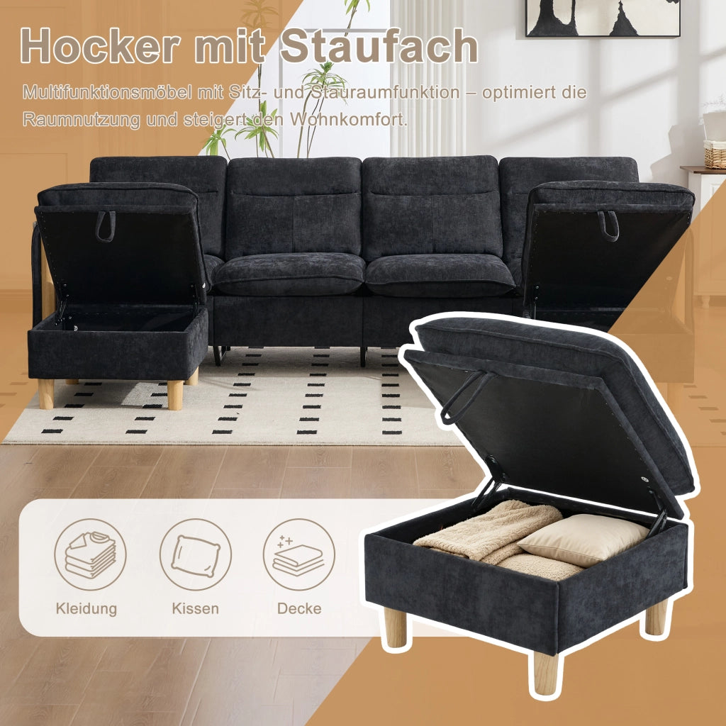 Divano modulare 4 posti - con 2 pouf contenitore e tasche laterali - in chenille nero