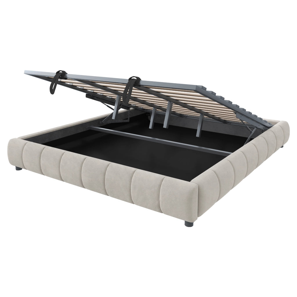 Letto Matrimoniale Imbottito 180x200 cm in Velluto con Contenitore Idraulico; LED; Testiera; Beige