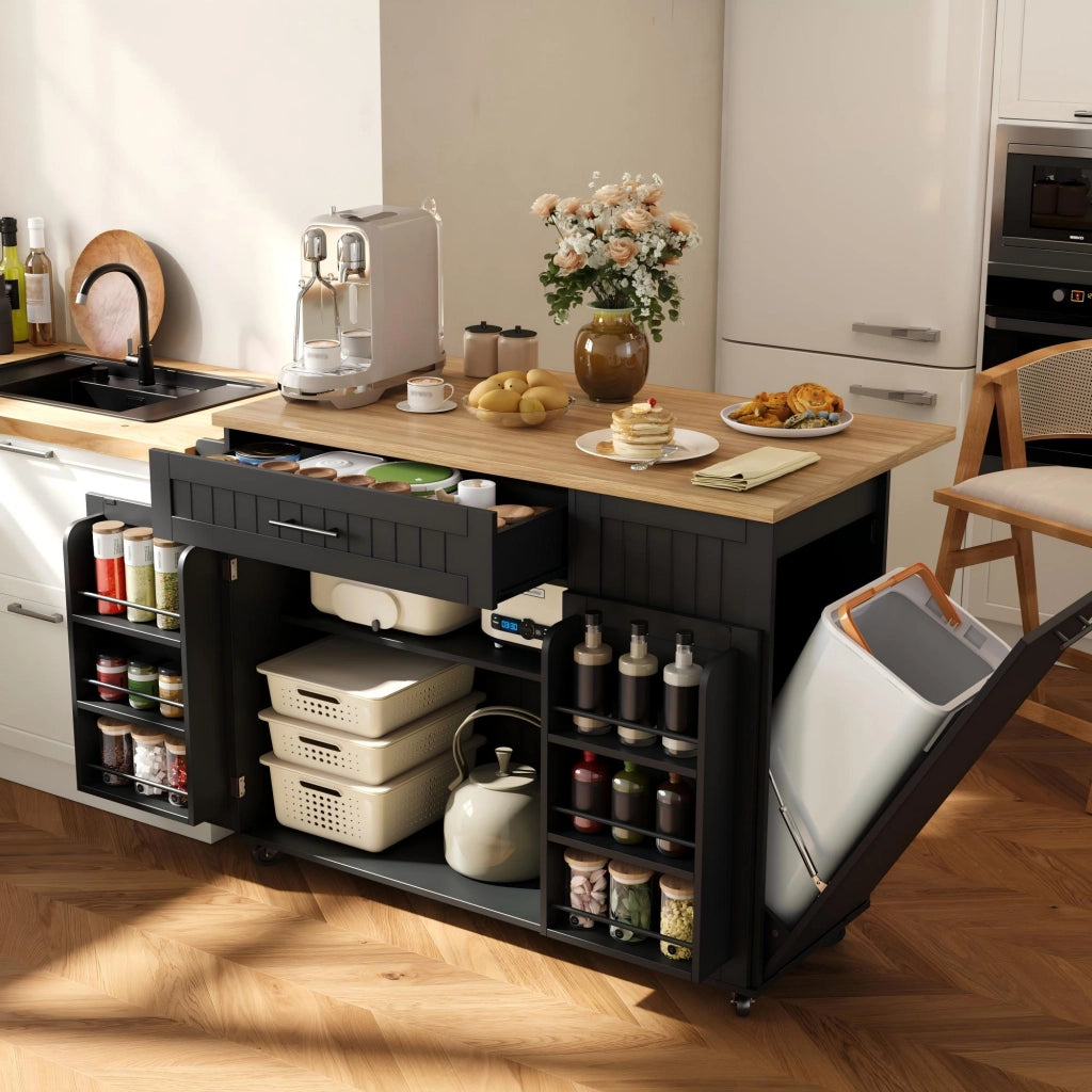 Mobile base da cucina con piano pieghevole; vano pattumiera; cassetto e ruote bloccabili nero 130 × 70 × 93 cm