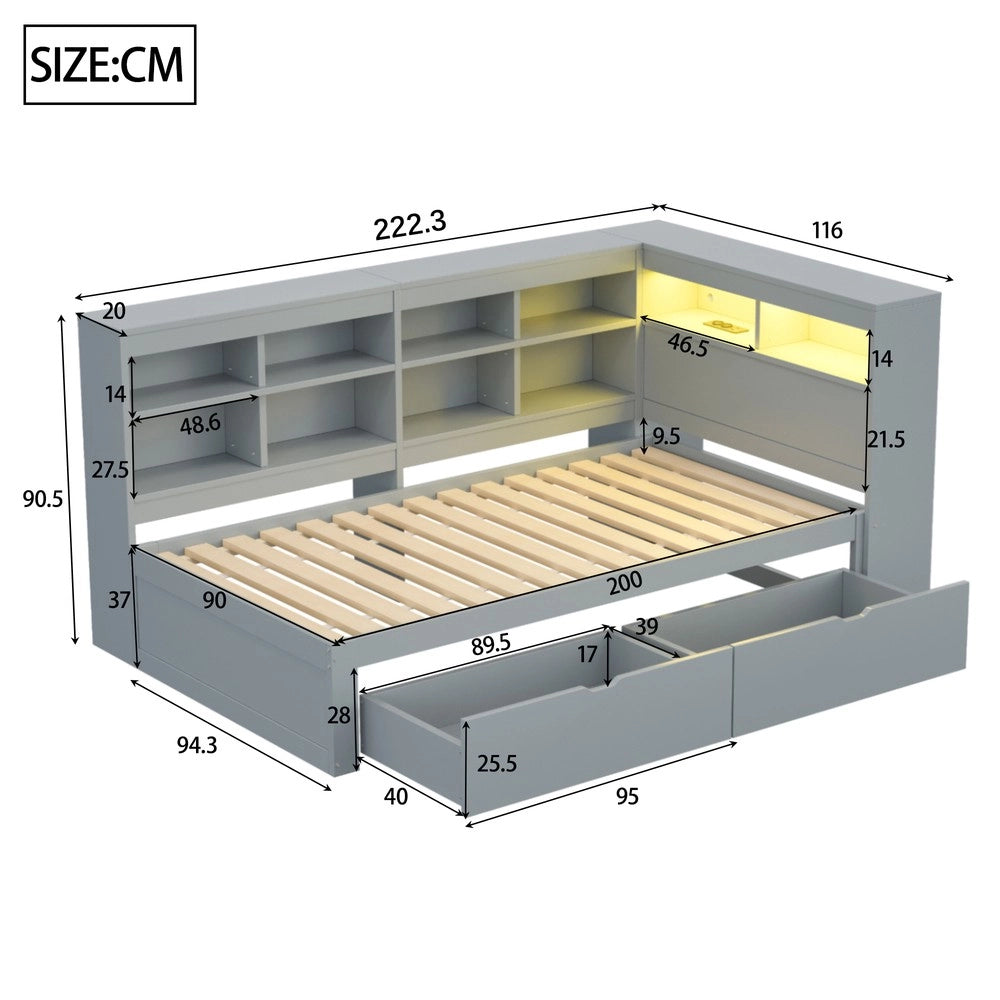 Letto Singolo in Legno Massello con Contenitore, LED e USB ¨C MINIMAL ¨C Grigio 90x200