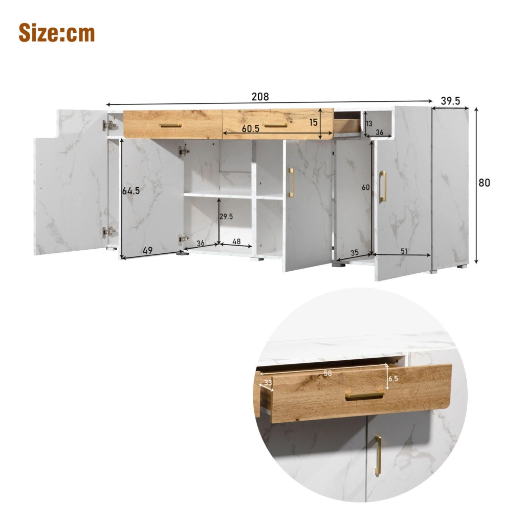 Credenza moderna bianca effetto marmo, 208 x 39,5 x 80 cm