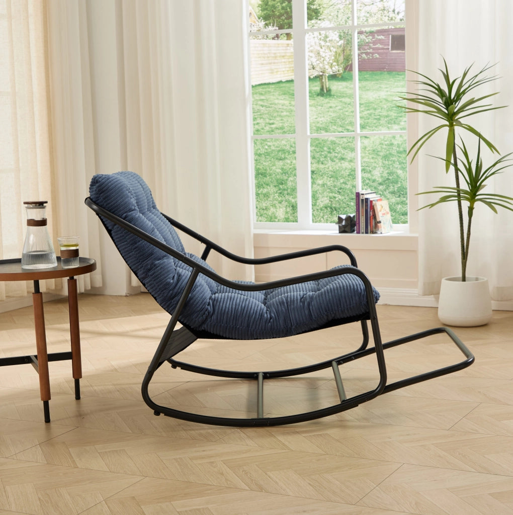 Sedia a dondolo da esterno 116x75x82 cm in acciaio nero con cuscino blu navy