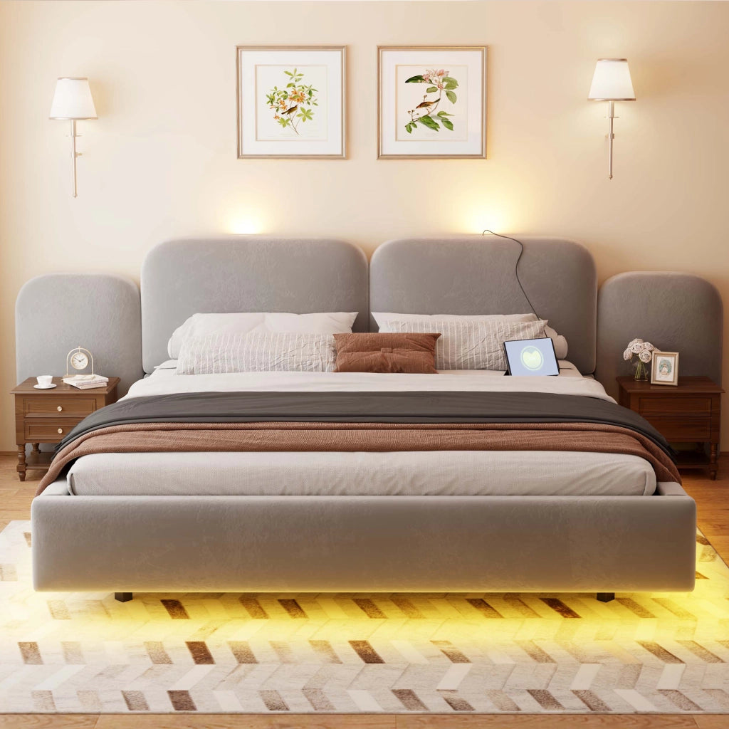 Letto contenitore 180 × 200 cm con sollevamento idraulico; LED RGB; USB e USB-C; rivestito in velluto grigio