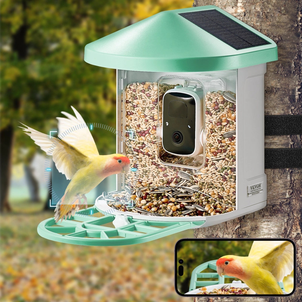 Mangiatoia per Uccelli Intelligente con Telecamera 2K FB-A05, Riconoscimento AI, 3 Pannelli Solari e Batteria 5200mAh per Giardino, Verde