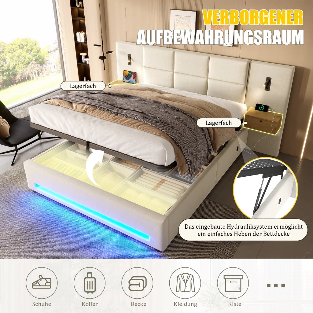 Letto contenitore 180 × 200 cm con testiera in velluto; cassetti; LED; USB-C e rete a 12 doghe in acciaio beige