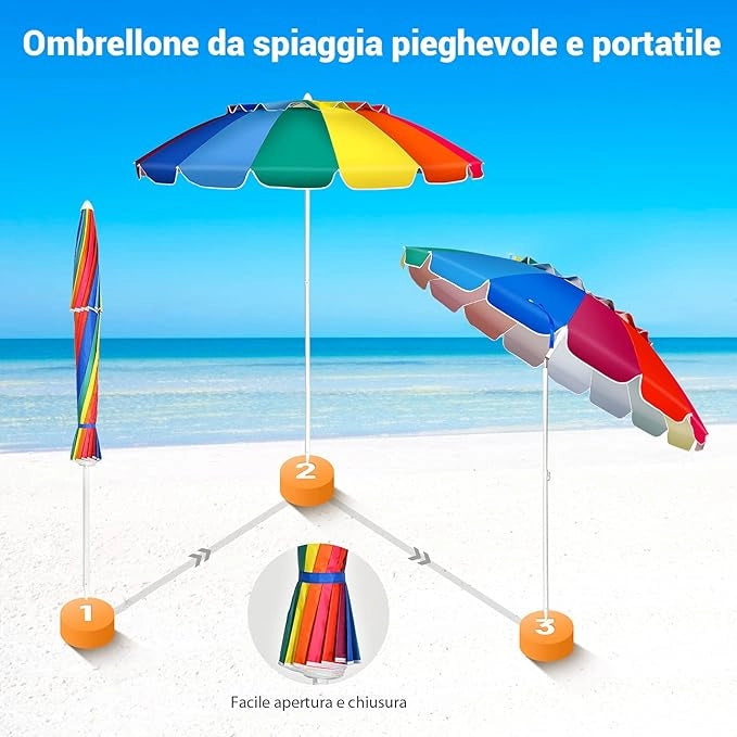 Ombrellone da Spiaggia 2,43 m, Ombrellone Portatile da Esterno con Borsa di Trasporto, con Protezione Solare, Ideale per Spiaggia, Balcone, Giardino（Colorato)