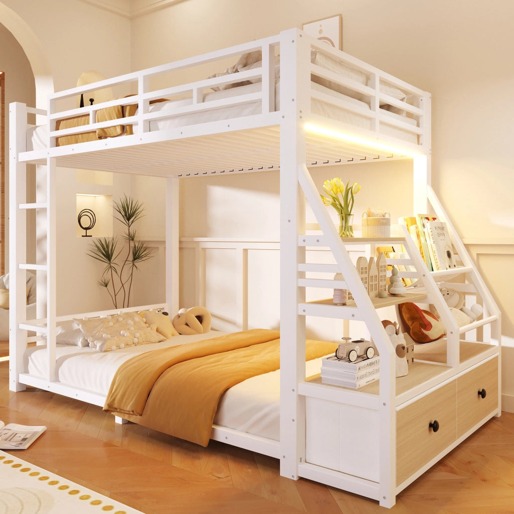 Letto a castello 90x200 cm in legno e metallo bianco con LED e 2 cassetti