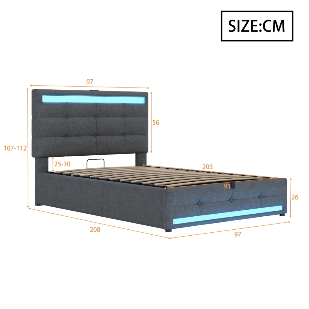 Letto imbottito LED con USB e contenitore visivo moderno