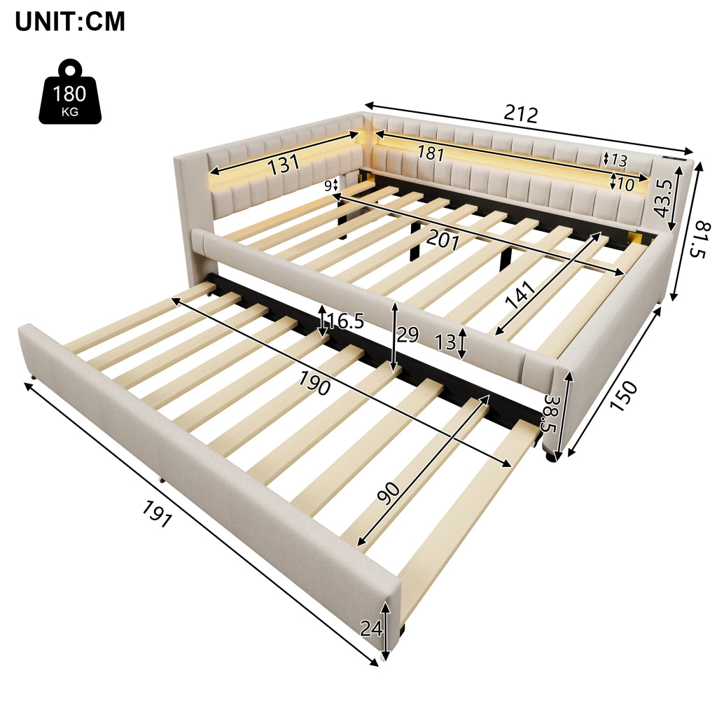 Letto divano estraibile 140 × 200 cm e 90 × 190 cm con LED; USB e porta tipo C; senza materasso; lino beige