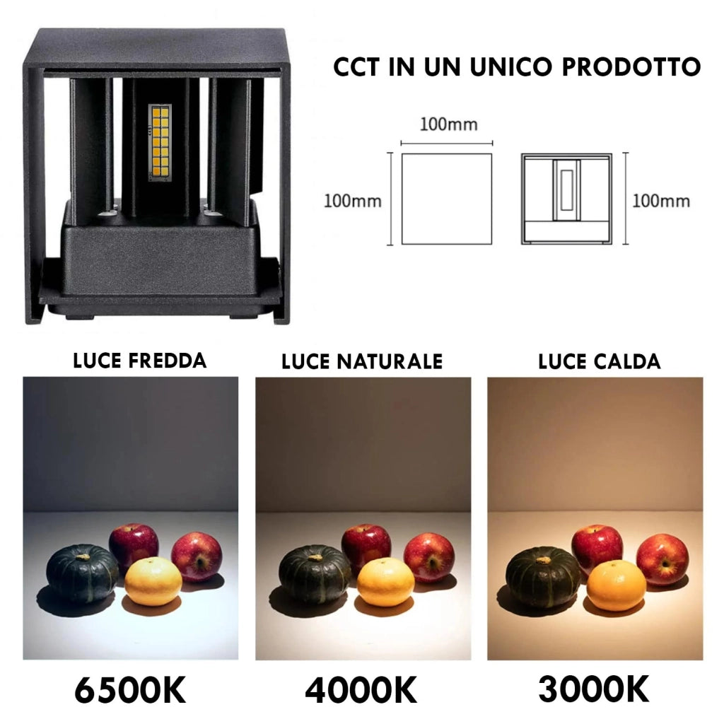 Applique cubo IP65 LED 12W CCT da 3000K a 6500K lampada parete moderna doppio fascio luminoso luce facciata giardino terrazzo NERO