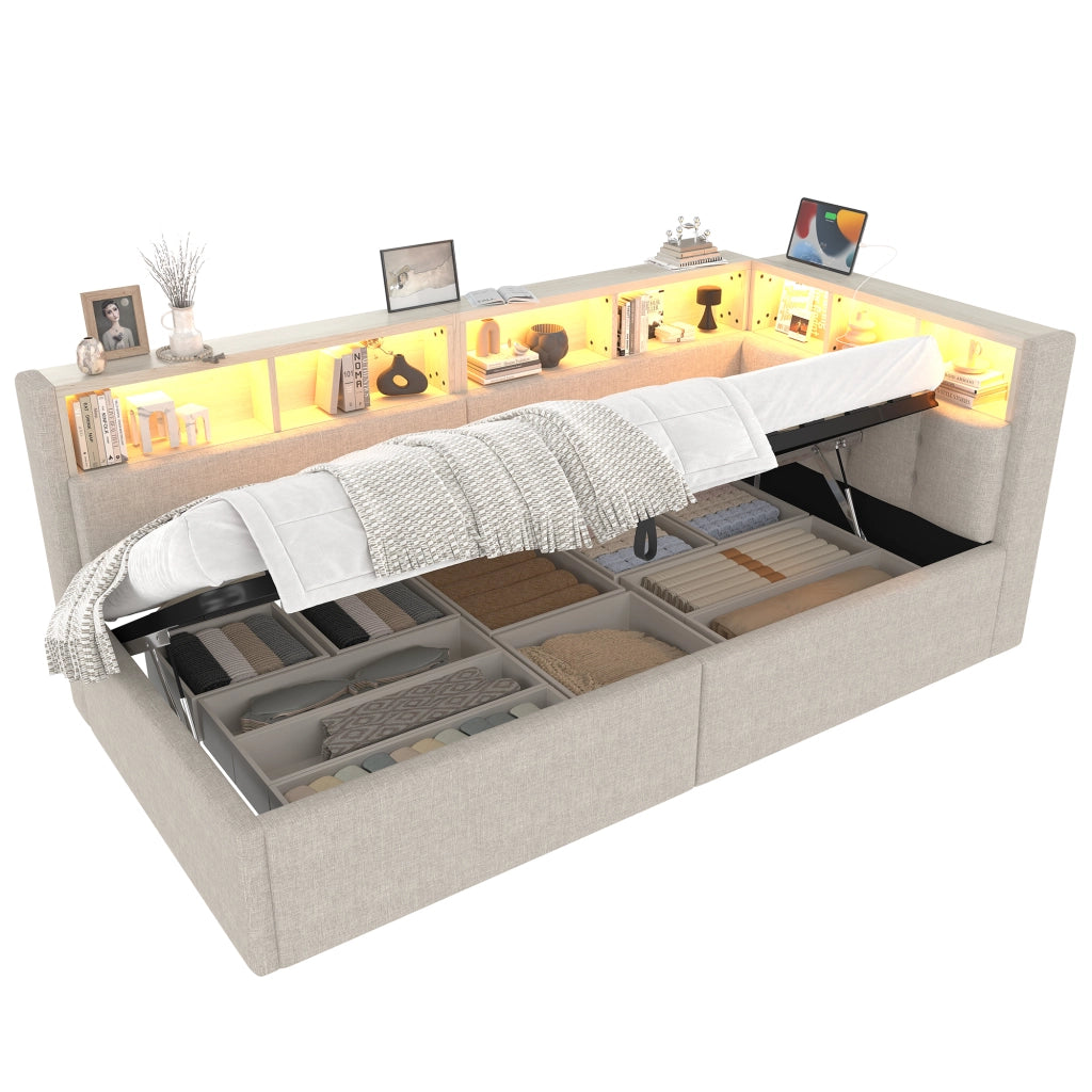 Letto divano 90 × 200 cm singolo con contenitore idraulico; LED regolabile; USB e Type-C; senza materasso; beige