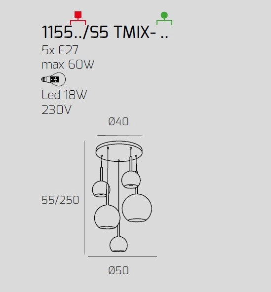 SOSP. OTTONE SAT. TONDA 5 LUCI VETRI (1 GRANDE AM+1 MEDIO AM+3 PICCOLO (1X AM+2X TR)) 1155OS-S5 TMIX-TA