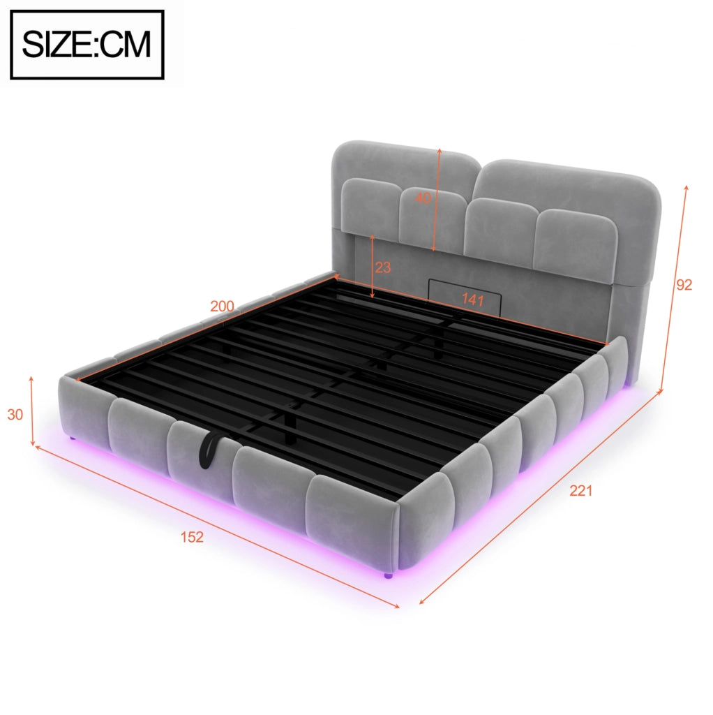 Letto imbottito 140x200 cm con contenitore idraulico e LED in velluto grigio