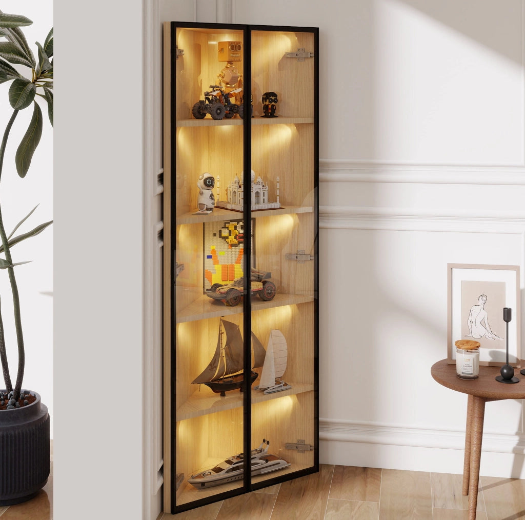 Vetrina angolare 62x35x160 cm con LED; vetro temperato e MDF effetto rovere