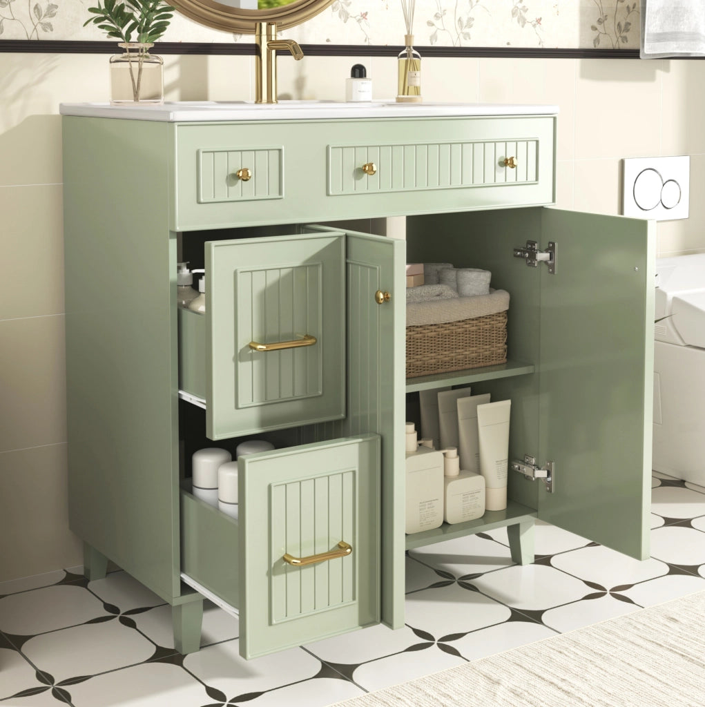Mobile bagno con lavabo in ceramica 81,7 cm, struttura in MDF verniciato, piedini in legno massello di pino, colore verde
