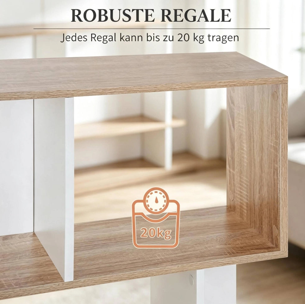 Libreria Moderna a Forma di S in Truciolato, 60x24x184,5 cm, Colore Rovere e Bianco
