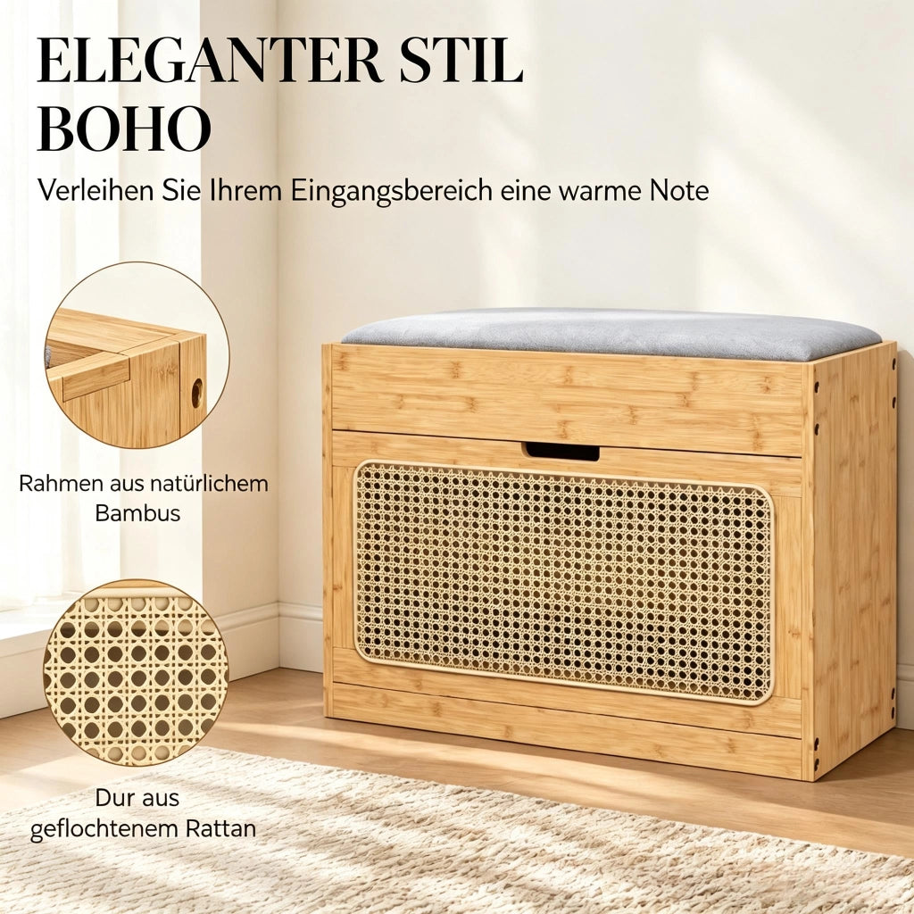 Panca da ingresso con scarpiera in bambù naturale anta in rattan PE cuscino e ripiani regolabili 48 × 63 × 29 cm