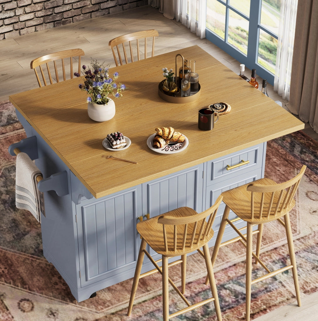 Isola cucina ULEVR 120x40(80)x95 cm su ruote, 3 cassetti e piani ribaltabili, blu effetto rovere
