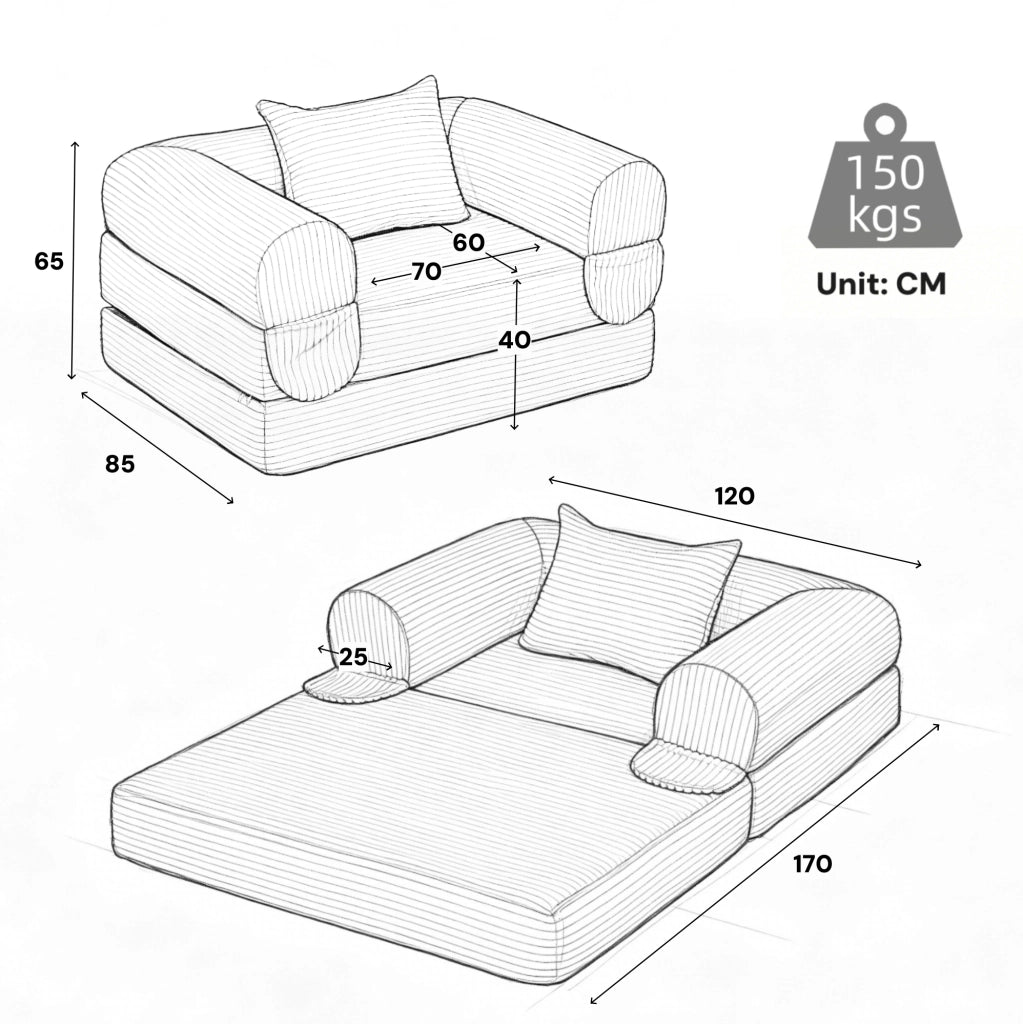 Poltrona letto singola trasformabile in velluto a coste beige con cuscino per ospiti e relax