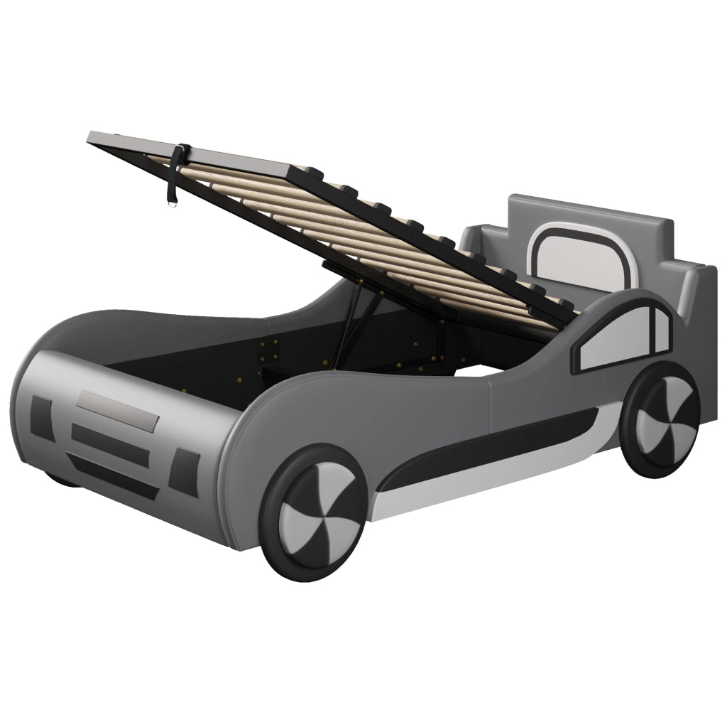 Letto auto per bambini 90x200 cm con rete a doghe, contenitore idraulico, effetto auto d'epoca, grigio in MDF e PU