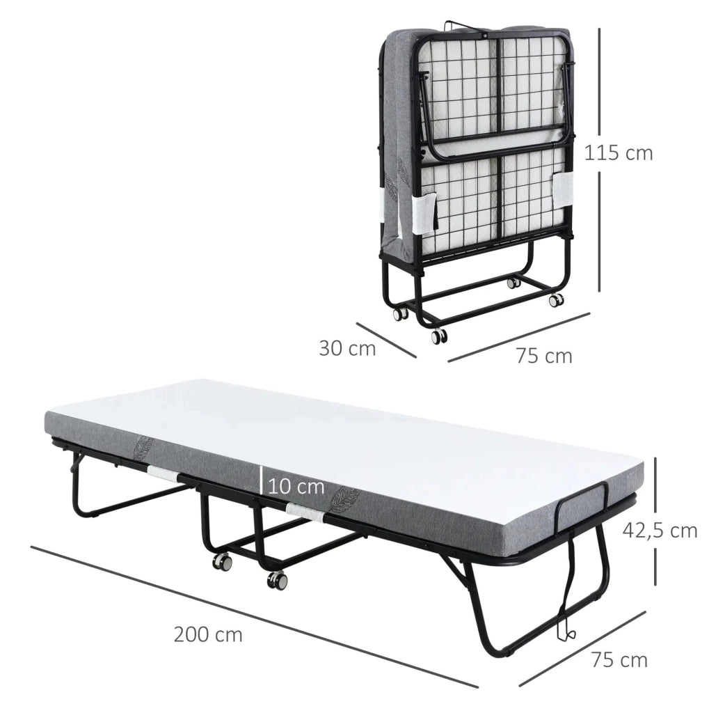 Letto aggiuntivo pieghevole 200x75x42,5 cm in acciaio bianco e nero con ruote