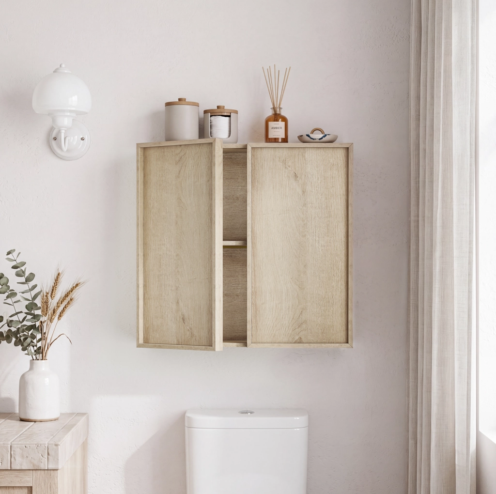 Mobiletto bagno da parete in MDF e truciolato effetto rovere senza maniglie, 60x21,6x58 cm