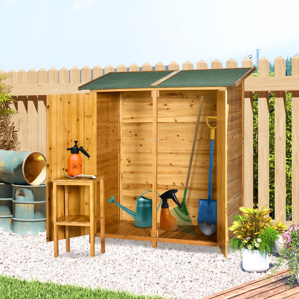 EasyComfort Casetta da Giardino in Legno a 2 Ante con Sgabello Alto a 2 Ripiani e Tetto Idrorepellente, 140x75x157 cm