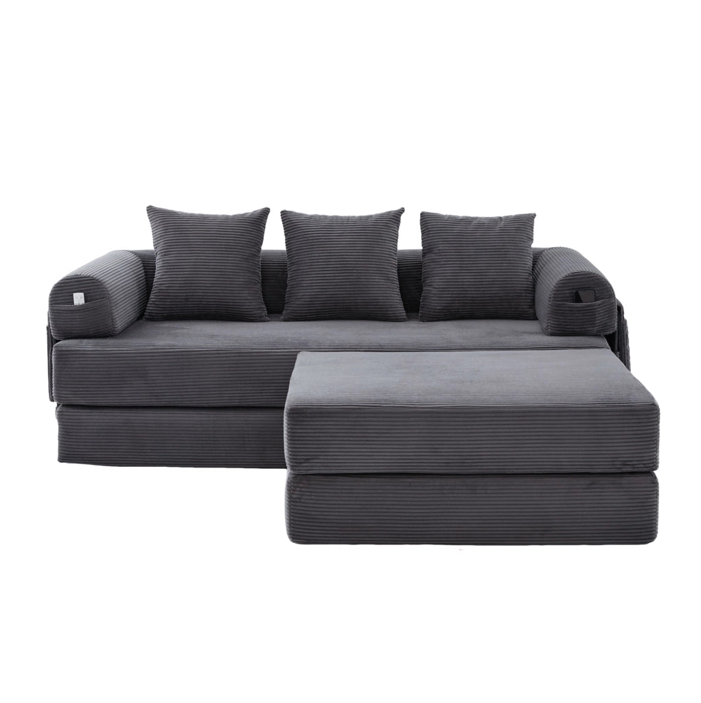 Divano modulare 200x190x67 cm in velluto a coste grigio scuro con tasca laterale