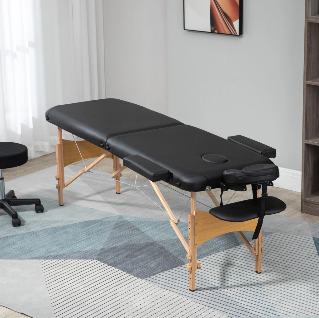 Lettino da massaggio pieghevole 180x60x88 cm in legno nero, altezza regolabile –