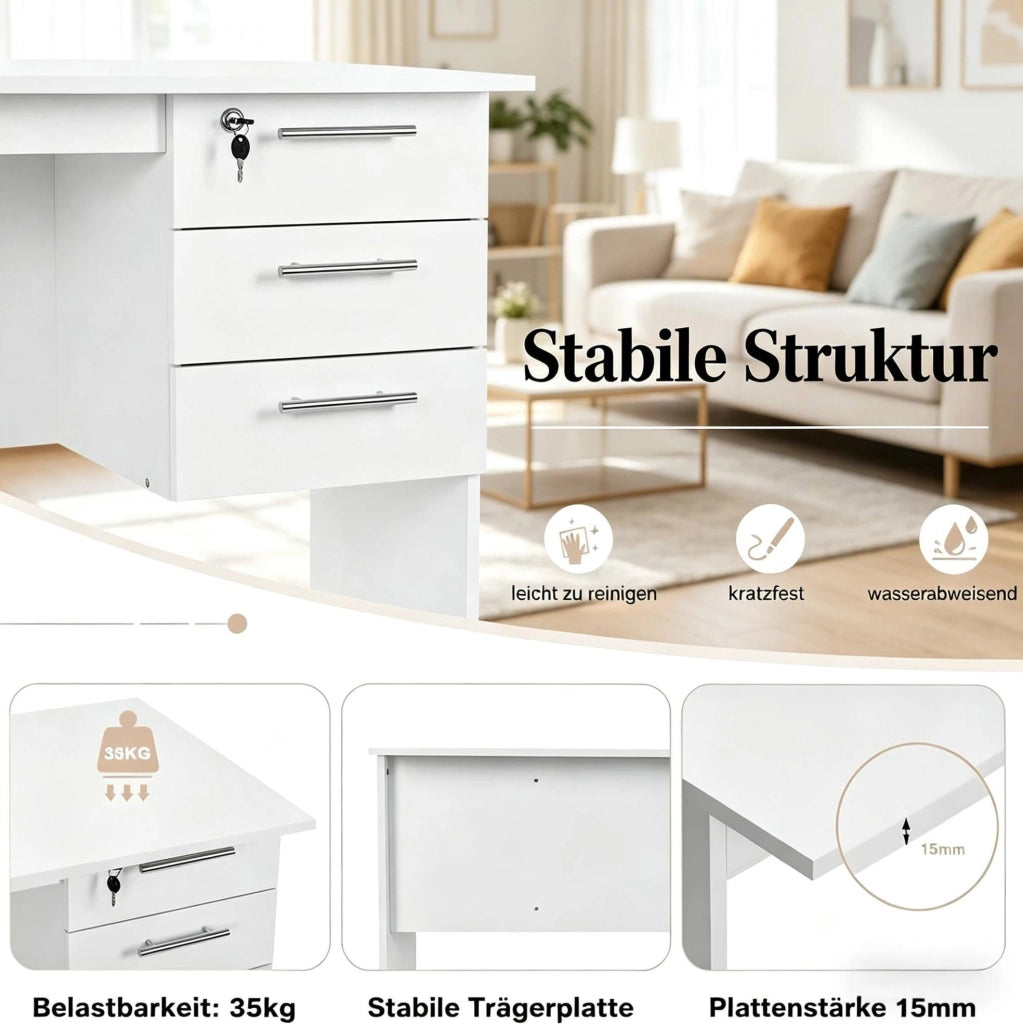 Scrivania da ufficio in legno bianco con 3 cassetti e piano di 120x60 cm