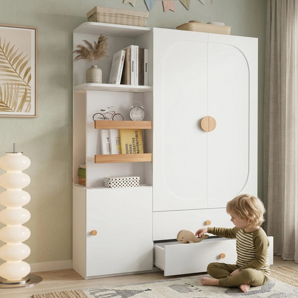Armadio con barra appendiabiti; 2 cassetti e ripiani aperti in MDF bianco e naturale per camera 125 × 50 × 180 cm