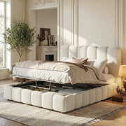 Letto matrimoniale contenitore 140x200 cm in bouclé bianco con rete a doghe HOMVRA