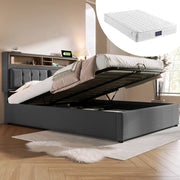 DESMIU Lit coffre 140 × 200 cm 2 posti con USB, Type-C e prese, testiera regolabile, senza materasso, grigio