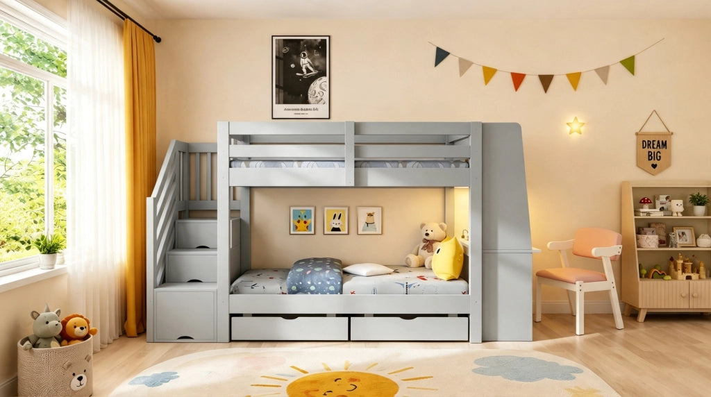 Letto a castello multifunzionale in legno 90x200 cm con scrivania integrata, scala contenitore, LED e prese, colore grigio