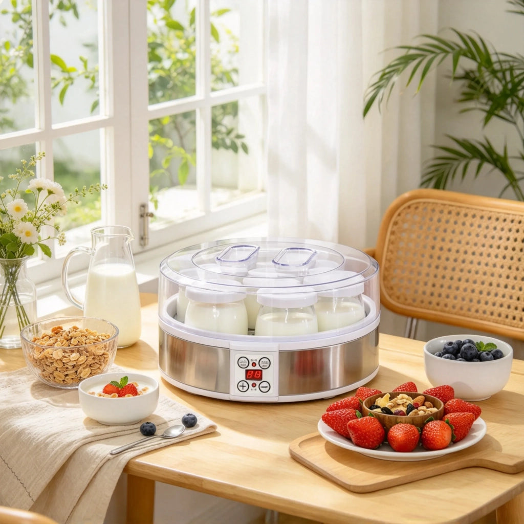 Yogurtiera elettrica in acciaio inox con 7 vasetti da 180 ml, termostato regolabile per yogurt fatto in casa (solo yogurtiera)