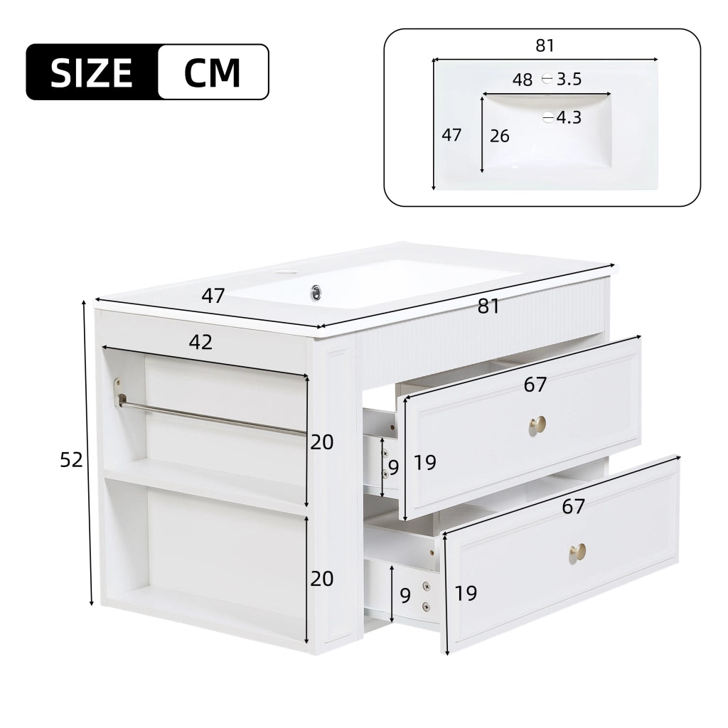 Mobiletto con lavabo sospeso con 2 cassetti vano laterale bianco 81 × 47 × 52 cm