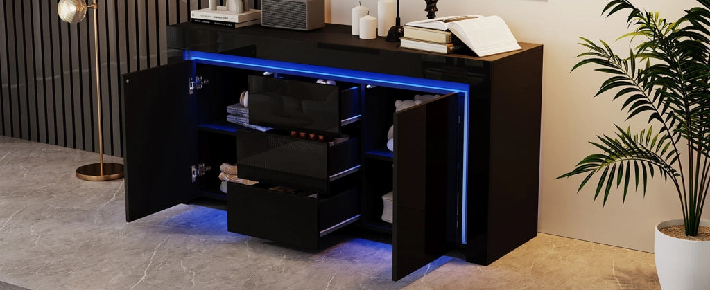 Sideboard nero lucido 140x40x65 cm con 3 cassetti, 2 ante e illuminazione LED regolabile
