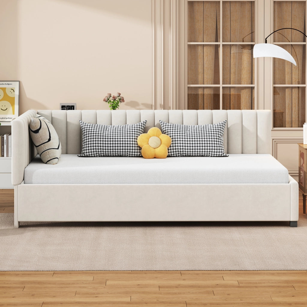 Divano letto 90 × 200 cm con rete a doghe rivestito in velluto beige struttura imbottita portata fino a 120 kg