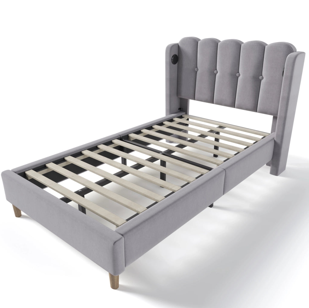 Letto imbottito 90x200 cm con USB e Type-C; struttura in lino grigio