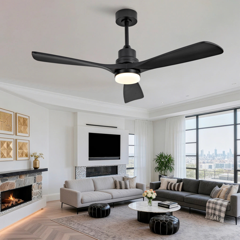 Ventilatore da soffitto 52" con 3 pale in legno massello; LED dimmerabile 3CCT; nero