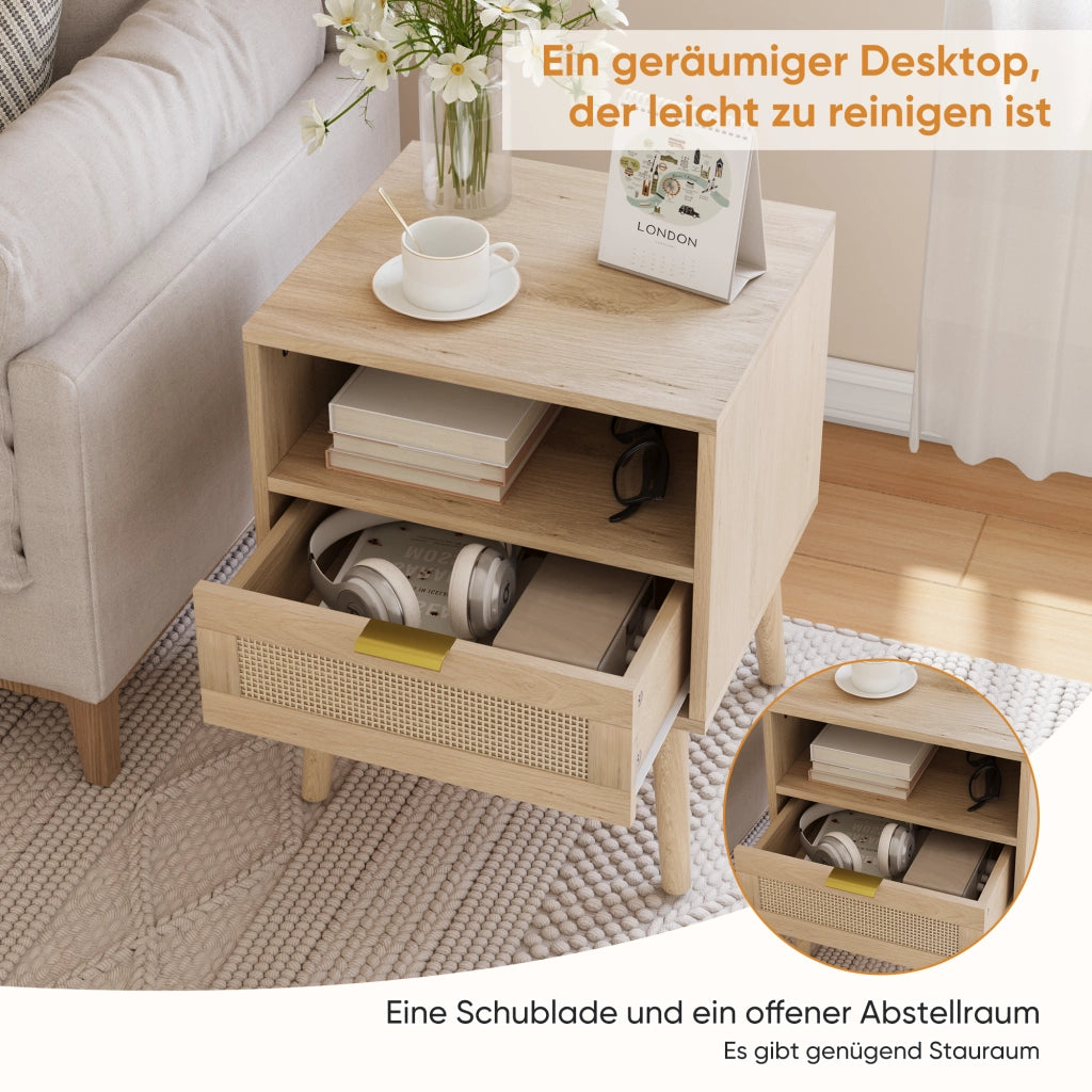 Comodino con cassetto e vano aperto, maniglia dorata, per camera da letto, MDF e rattan, rovere, 45 × 40 × 55 cm