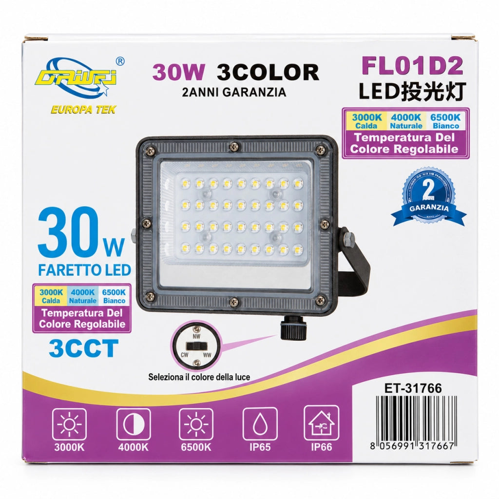 FARO LED 30 W ESTERNO IP65 FARETTO GIARDINO 3CCT 3000K 4000K 6500K LUCE ET-31766