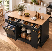 Isola da cucina con piano pieghevole 120 cm, armadietto nero con spazio per pattumiera, ripiano laterale estraibile e 3 cassetti