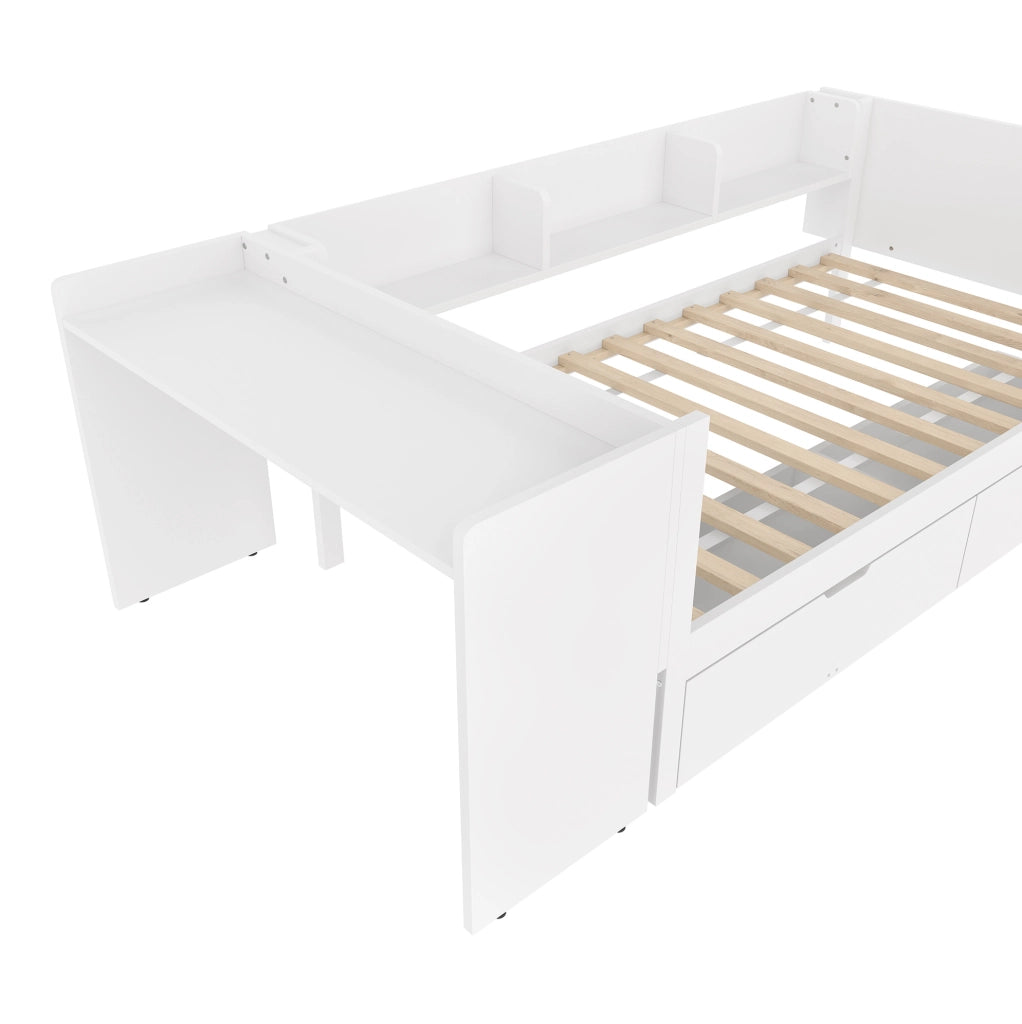 Letto singolo 90x200 cm bianco con scrivania, 2 cassetti e 3 ripiani