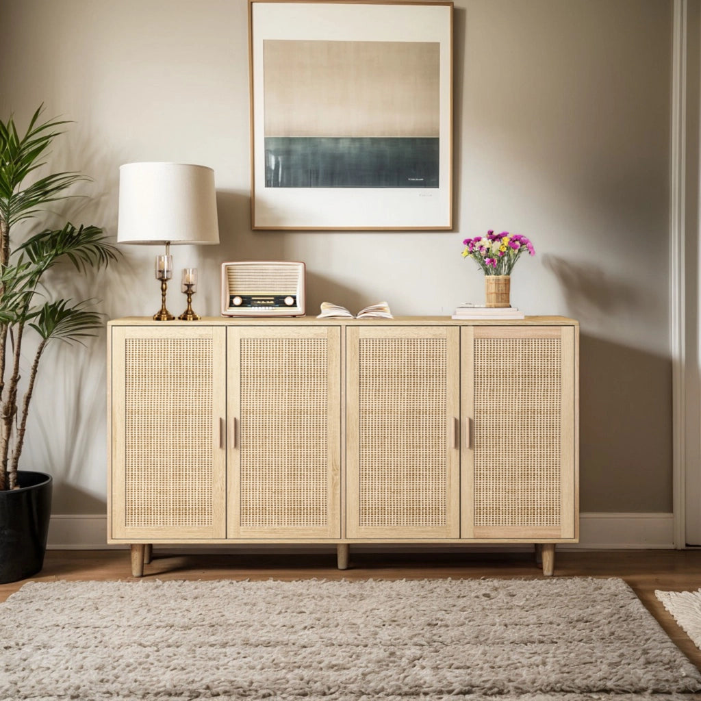 Madia a 4 ante decorative in rattan con ripiano regolabile e gambe in legno naturale 158 × 40 × 88 cm
